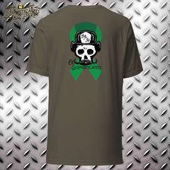 The Sophisticated Jake Skully logo, a skull with fire helmet and moustache, with a green ribbon behind it for solidarity with mental health awareness and caption of "Be Sophisticated"