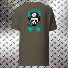 the Sophisticated Jake Skully logo, a skull with fire helmet and moustache, with a teal ribbon behind it for solidarity with mental health and PTSD awareness and caption of "Be Sophisticated"
Be Sophisticated PTSD Awareness T-Shirt