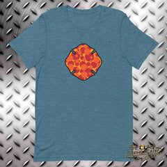 Teal t-shirt with a maltese cross on the front, filled with different sized orange, yellow, and red circles.