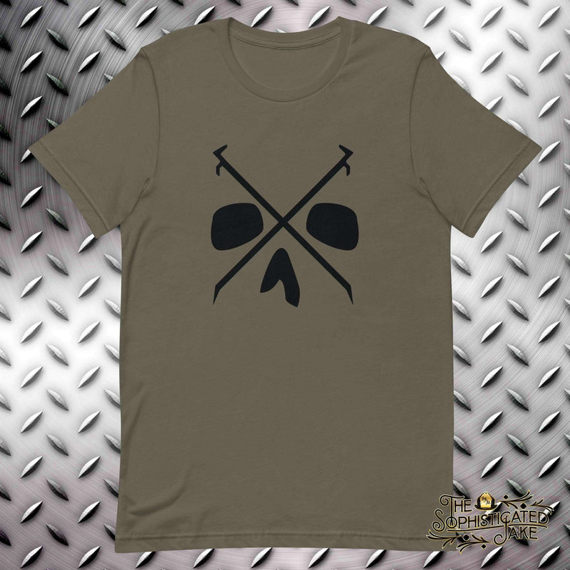 Army colored t-shirt with design in the center of the chest.  Design is comprised of a crossed pair of fire hooks and a skull's eyes and nose in the background.  Minimalist design for firefighters and first responders.