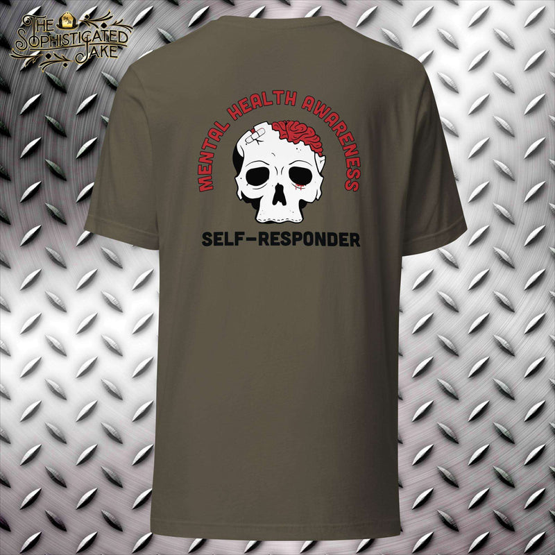 Army colored t-shirt with the Sophisticated Jake logo on the front left breast, and graphic on the back.  The back graphic includes the text in red, 