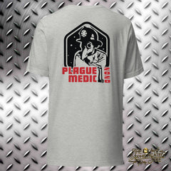 Grey t-shirt with the Sophisticated Jake logo on the front left breast and graphic on the back.  The back graphic is of a plague doctor wearing a fire helmet with the COVID-19 pathogen on the shield.  Text reads, "Plague Medic 2020" with a set of firefighters irons, axe and halligan bar.  