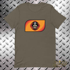 Army colored t-shirt with graphic in the center of the chest.  Graphic includes a rounded rectangle of orange and red with the sophisticated jake skully logo in the center.  Logo is comprised of a skull with a moustache and fire helmet with So/Ja on the helmet shield.