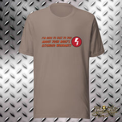 tan t-shirt with a graphic of an AED shock button and text that reads, "I'm here to talk to you about your body's extended warranty".