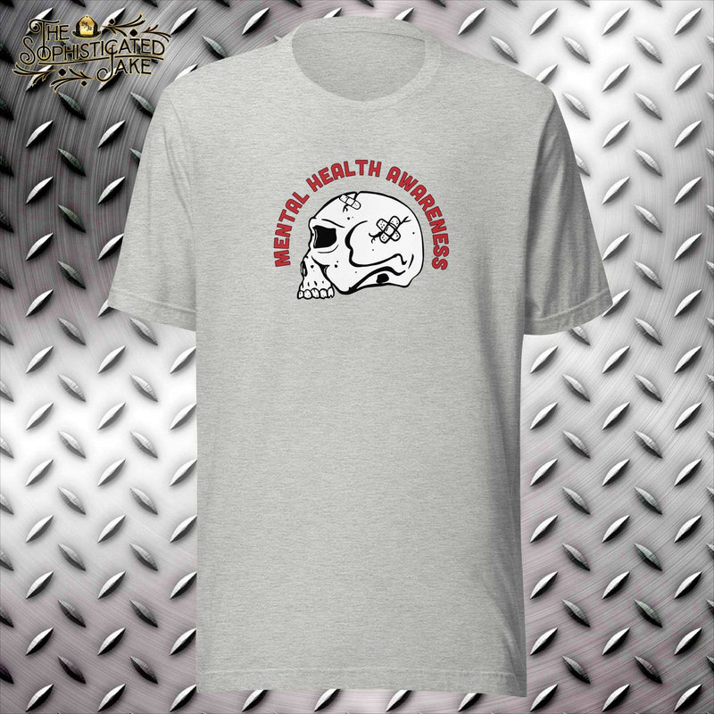 Grey t-shirt with design in the center of the chest.  Text reads, 